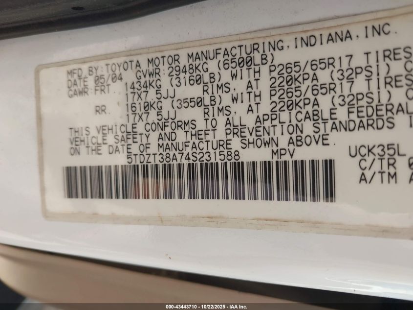 2004 Toyota Sequoia Limited V8 VIN: 5TDZT38A74S231588 Lot: 43443710