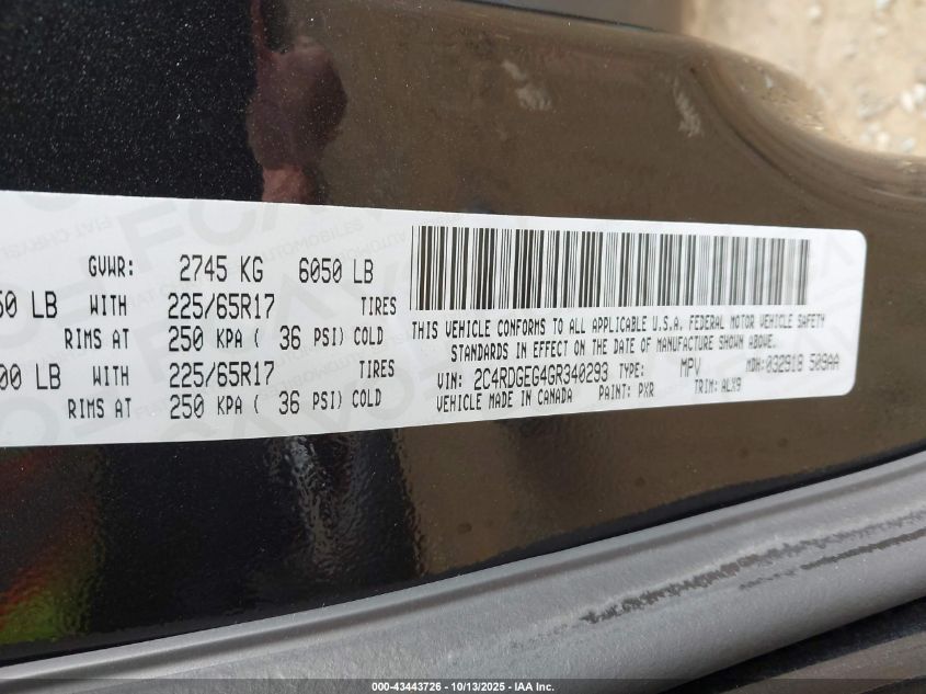 2016 Dodge Grand Caravan R/T VIN: 2C4RDGEG4GR340293 Lot: 43443726