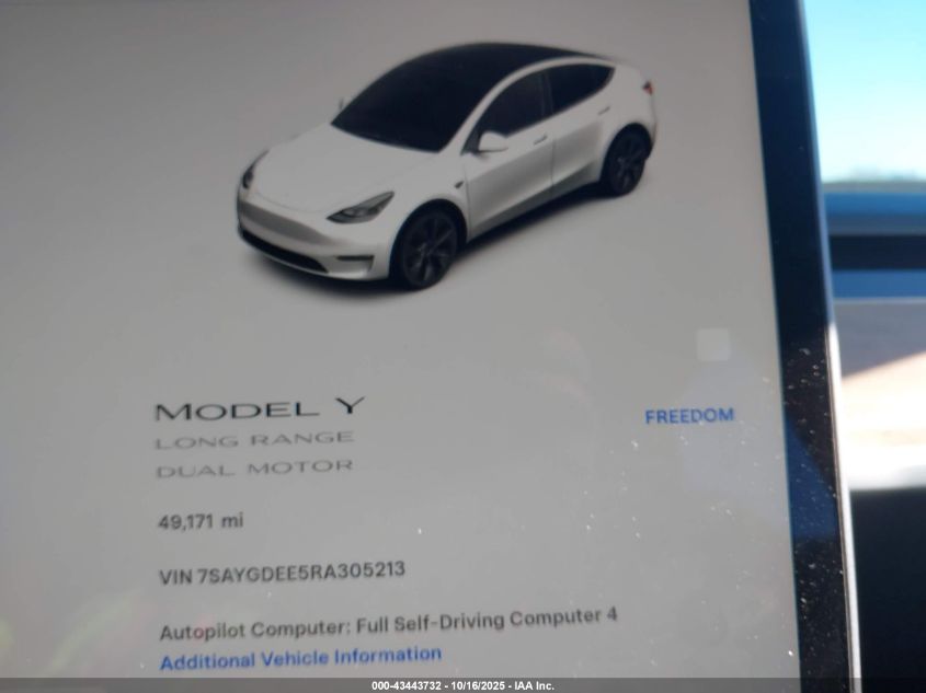 2024 Tesla Model Y Long Range Dual Motor All-Wheel Drive VIN: 7SAYGDEE5RA305213 Lot: 43443732