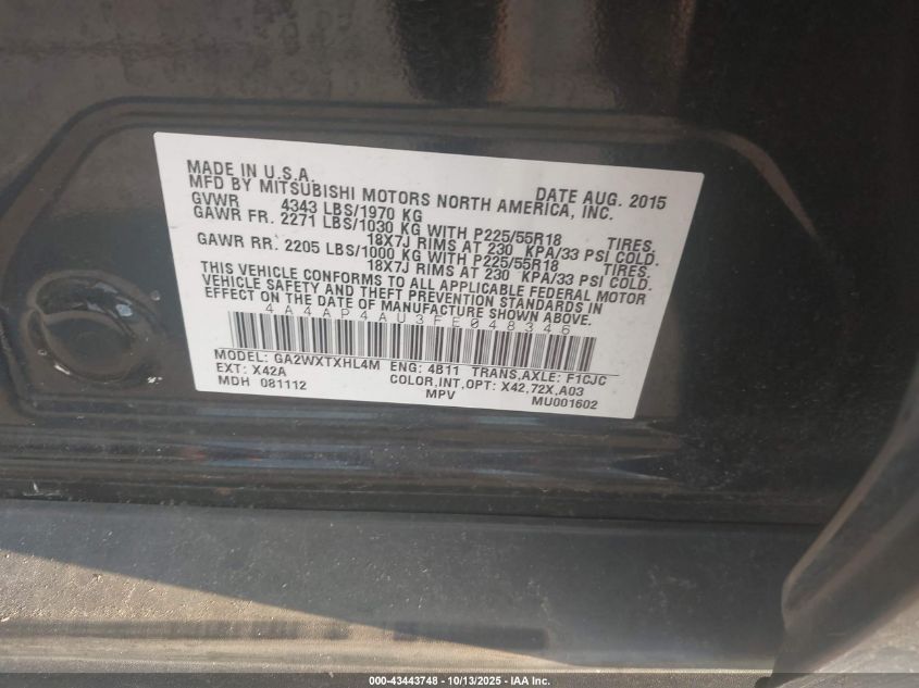 2015 Mitsubishi Outlander Sport Se VIN: 4A4AP4AU3FE048346 Lot: 43443748