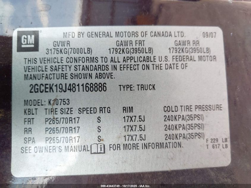 2008 Chevrolet Silverado 1500 Lt1 VIN: 2GCEK19J481168886 Lot: 43443749