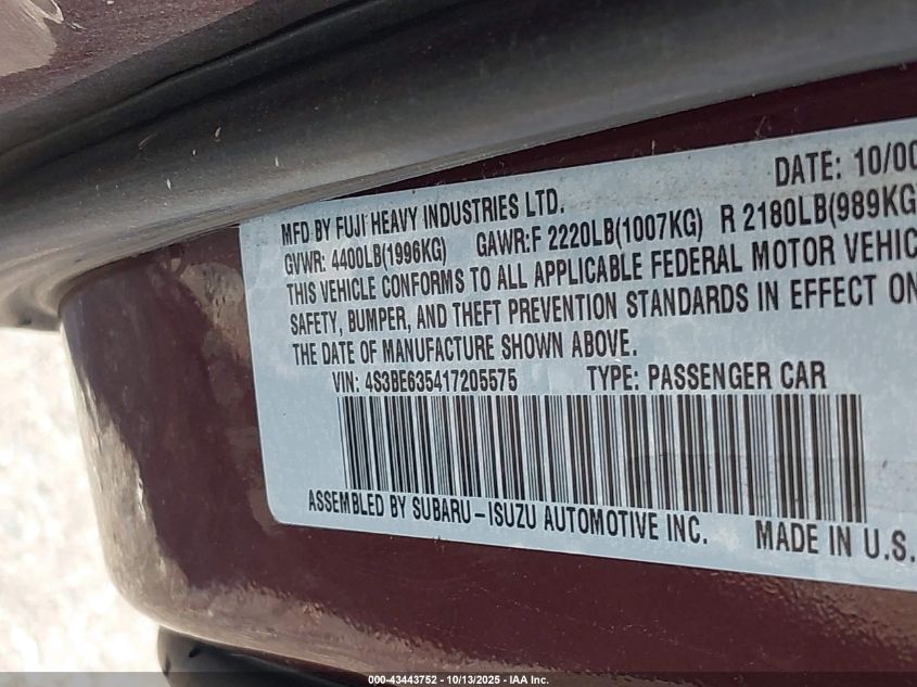 2001 Subaru Legacy L VIN: 4S3BE635417205575 Lot: 43443752