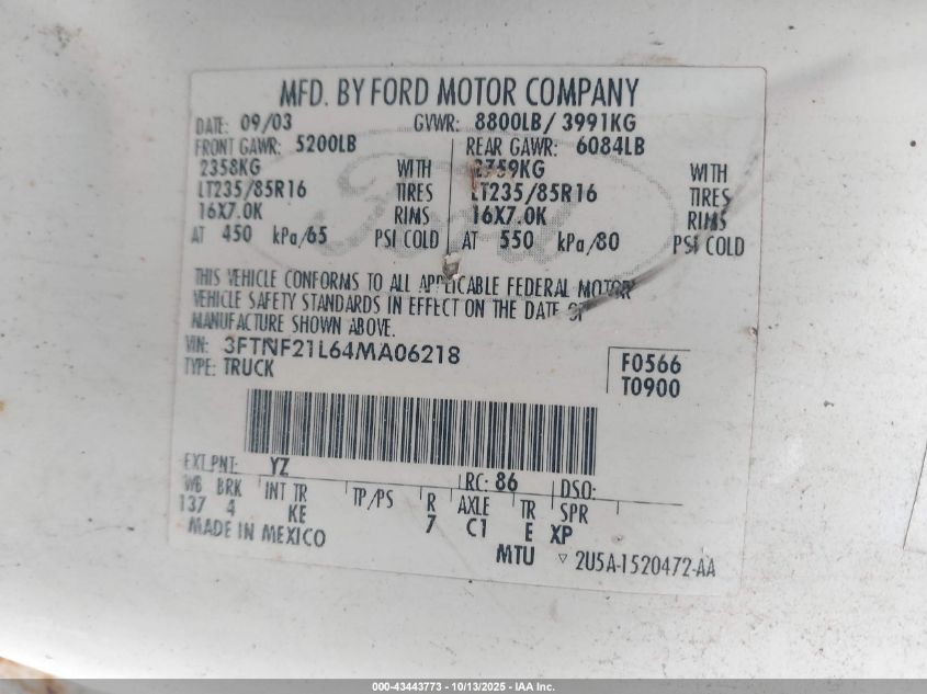 2004 Ford F-250 Xl/Xlt VIN: 3FTNF21L64MA06218 Lot: 43443773