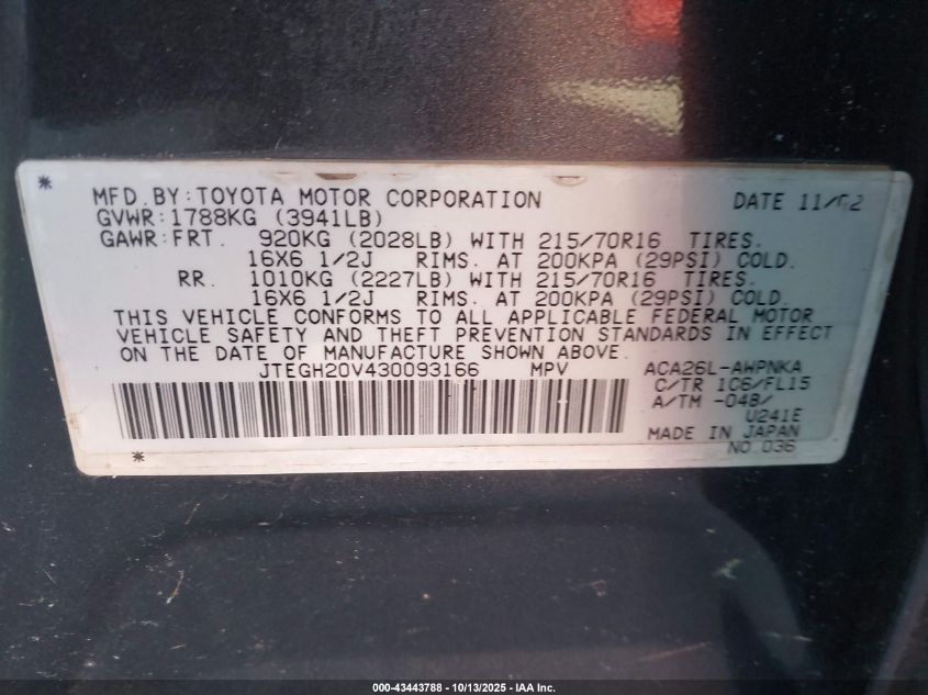 2003 Toyota Rav4 Base (A4) VIN: JTEGH20V430093166 Lot: 43443788
