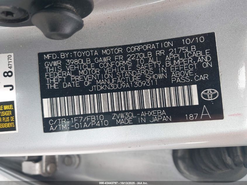 2010 Toyota Prius Ii VIN: JTDKN3DU9A1309311 Lot: 43443797