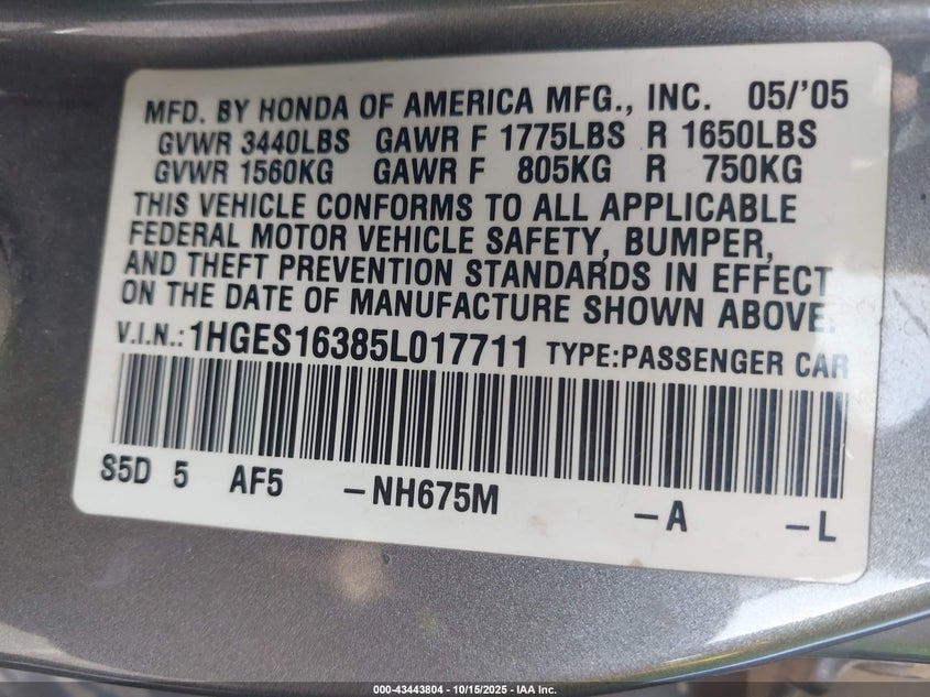 1HGES16385L017711 2005 HONDA CIVIC photo no. 9