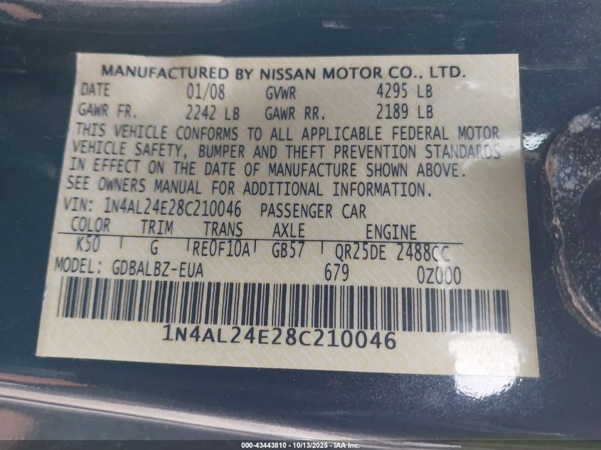 2008 Nissan Altima 2.5 S VIN: 1N4AL24E28C210046 Lot: 43443810