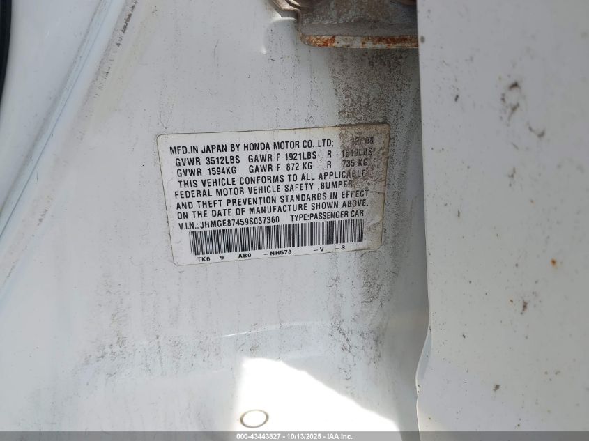 2009 Honda Fit Sport VIN: JHMGE87459S037360 Lot: 43443827