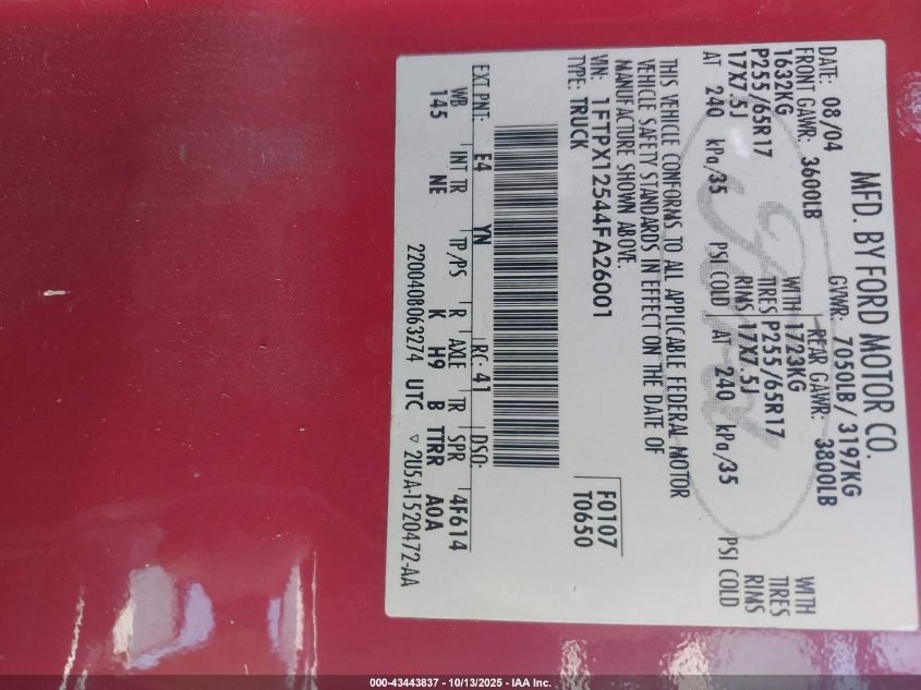 2004 Ford F-150 Lariat/Xl/Xlt VIN: 1FTPX12544FA26001 Lot: 43443837