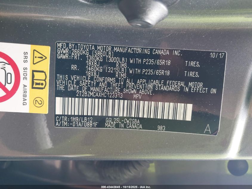 2017 Lexus Rx 350 VIN: 2T2BZMCAXHC123313 Lot: 43443845