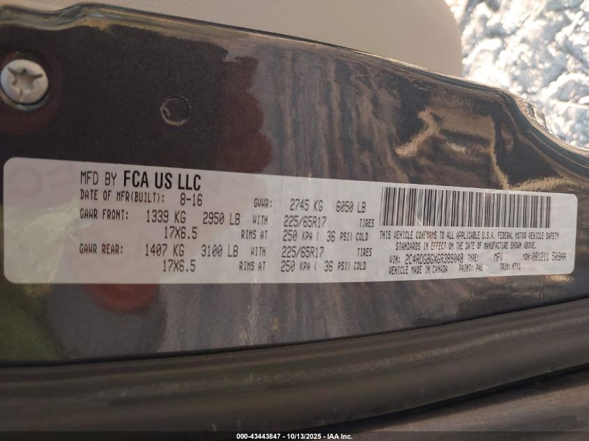 2016 Dodge Grand Caravan Se Plus VIN: 2C4RDGBGXGR389048 Lot: 43443847