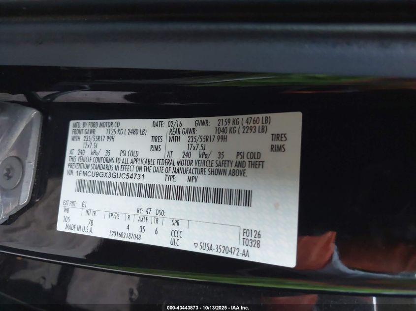 2016 Ford Escape Se VIN: 1FMCU9GX3GUC54731 Lot: 43443873