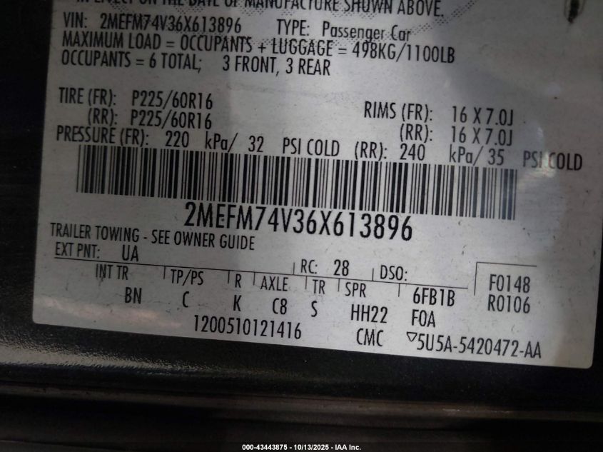 2006 Mercury Grand Marquis Gs VIN: 2MEFM74V36X613896 Lot: 43443875