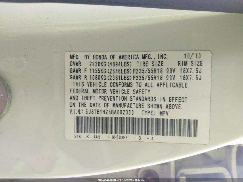 2011 Acura Rdx VIN: 5J8TB1H25BA002330 Lot: 43443878