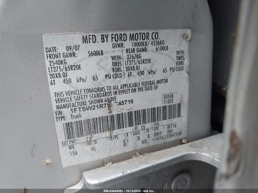2008 Ford F-250 Fx4/Harley-Davidson/King Ranch/Lariat/Xl/Xlt VIN: 1FTSW21R78EC45716 Lot: 43443882