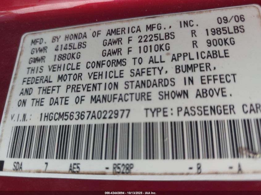 2007 Honda Accord 2.4 Se VIN: 1HGCM56367A022977 Lot: 43443894