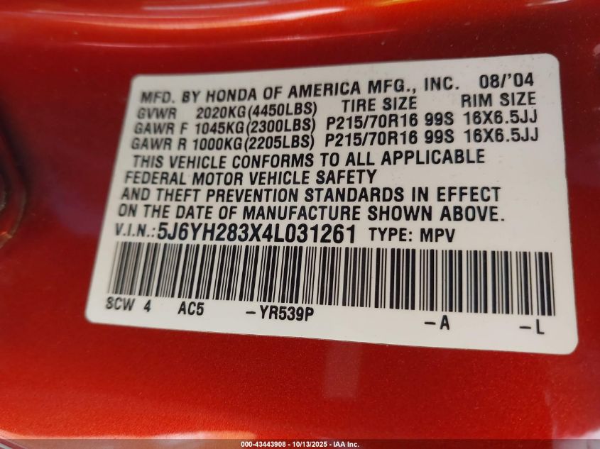 2004 Honda Element Lx VIN: 5J6YH283X4L031261 Lot: 43443908
