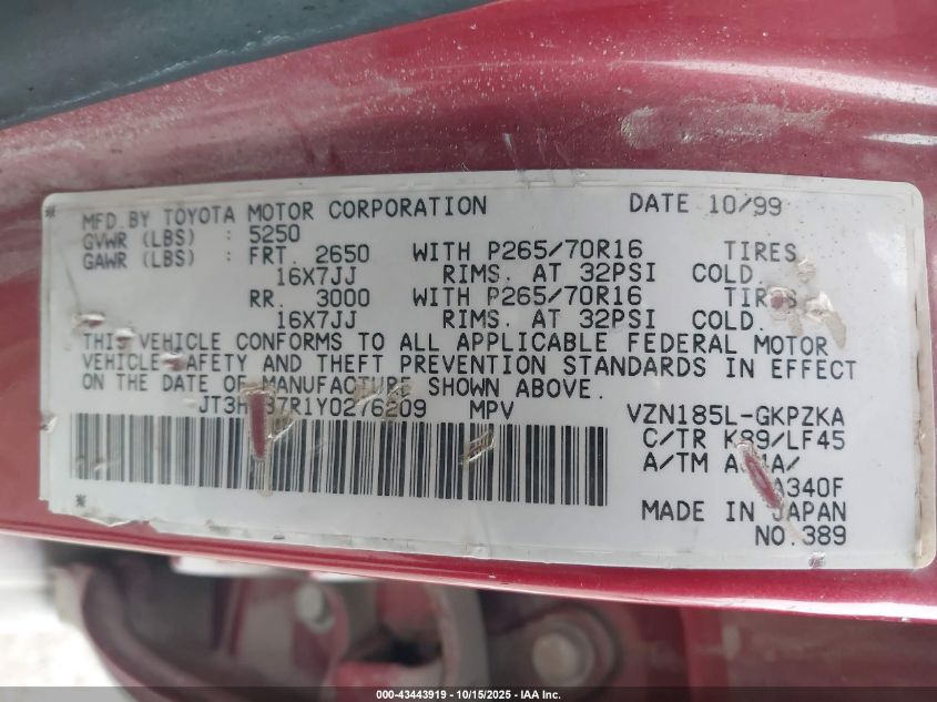 2000 Toyota 4Runner Limited V6 VIN: JT3HN87R1Y0276209 Lot: 43443919