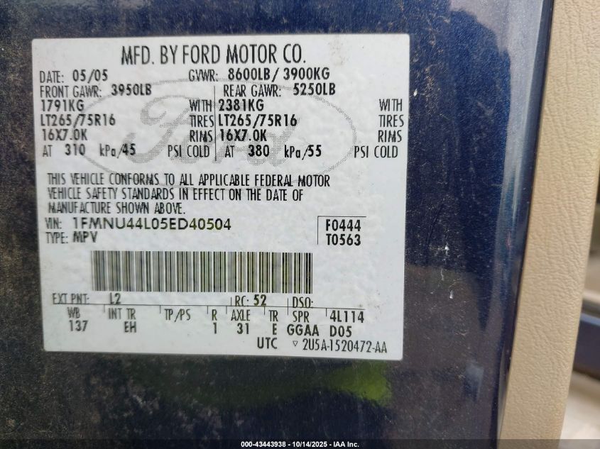 2005 Ford Excursion Eddie Bauer VIN: 1FMNU44L05ED40504 Lot: 43443938