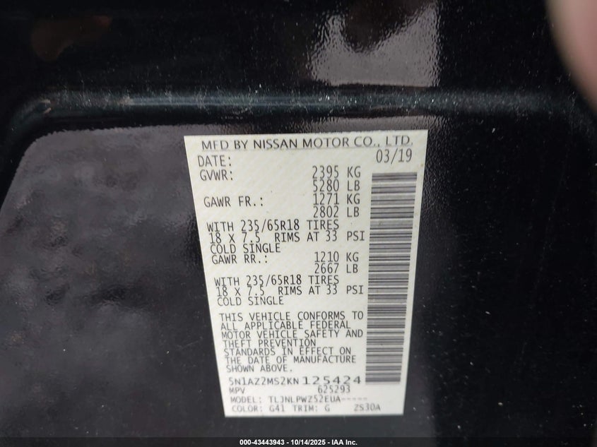 2019 NISSAN MURANO S 5N1AZ2MS2KN125424