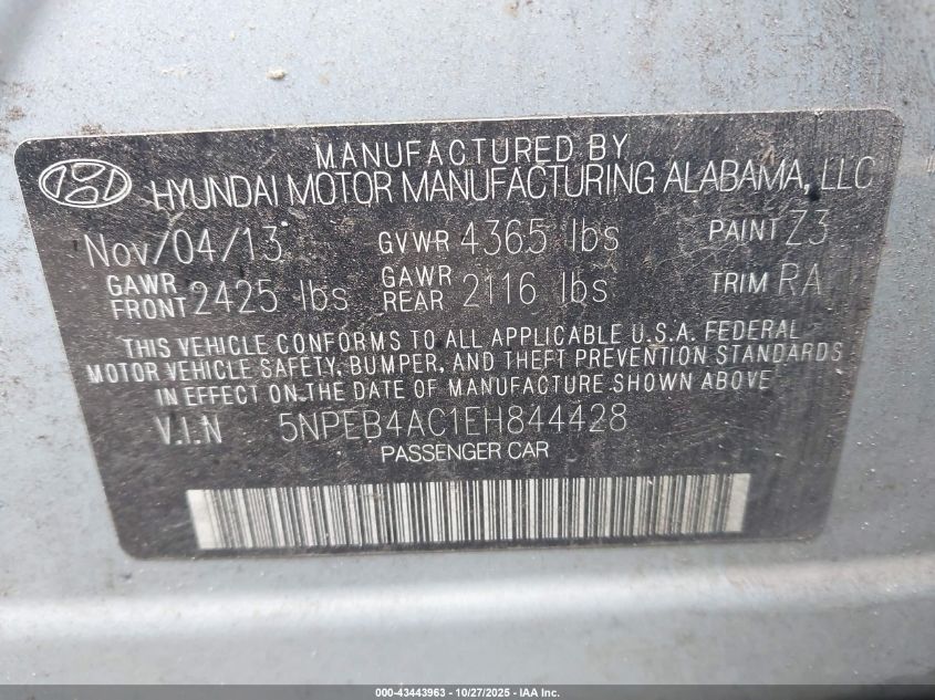 2014 Hyundai Sonata Gls VIN: 5NPEB4AC1EH844428 Lot: 43443963
