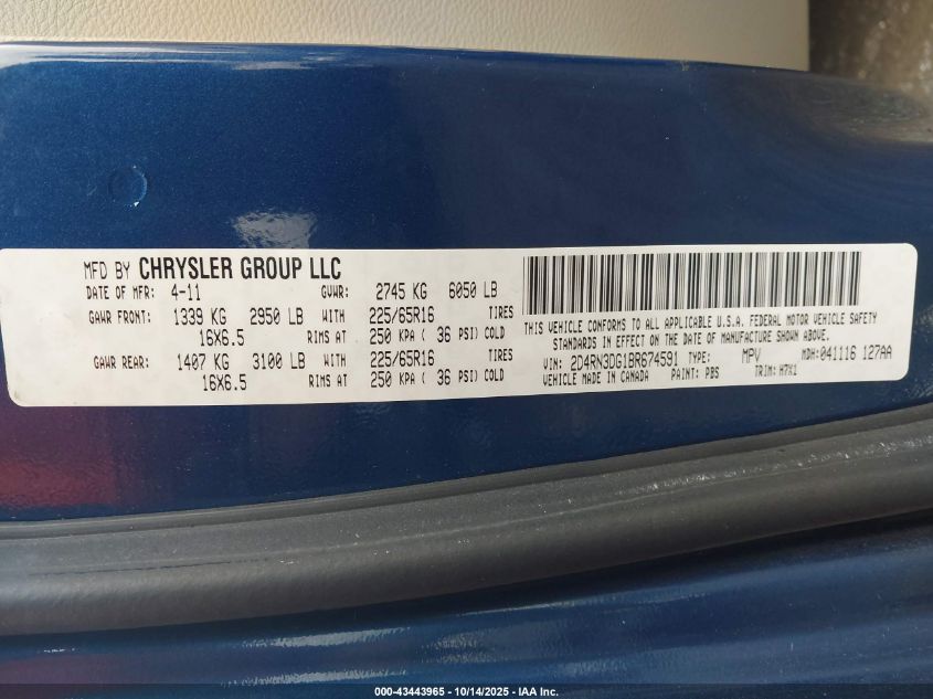 2011 Dodge Grand Caravan Mainstreet VIN: 2D4RN3DG1BR674591 Lot: 43443965