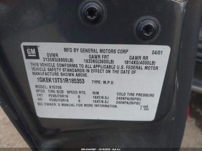 2001 GMC Yukon Sle VIN: 1GKEK13T51R185353 Lot: 43443967