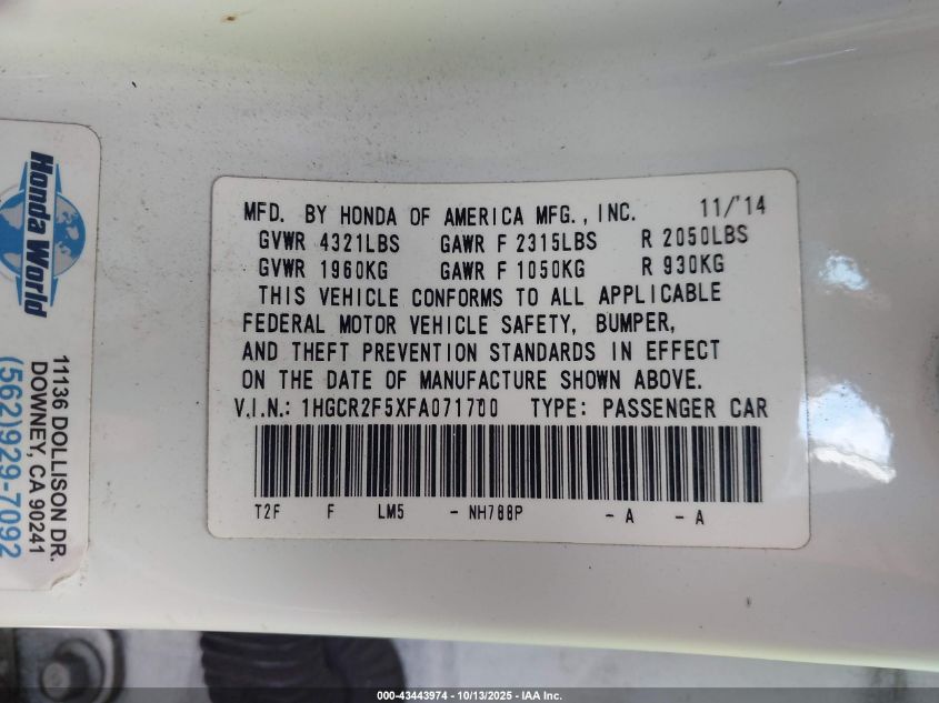 2015 Honda Accord Sport VIN: 1HGCR2F5XFA071700 Lot: 43443974