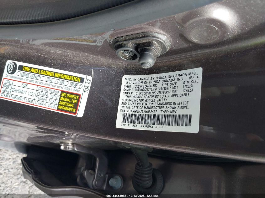 2014 Honda Cr-V Ex-L VIN: 2HKRM3H71EH532477 Lot: 43443985