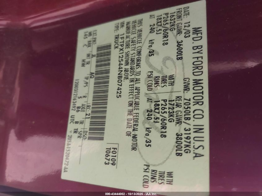 2004 Ford F-150 Lariat/Xl/Xlt VIN: 1FTPX12544NB07425 Lot: 43444002