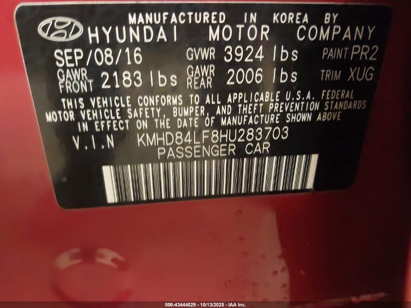 2017 Hyundai Elantra Limited VIN: KMHD84LF8HU283703 Lot: 43444029