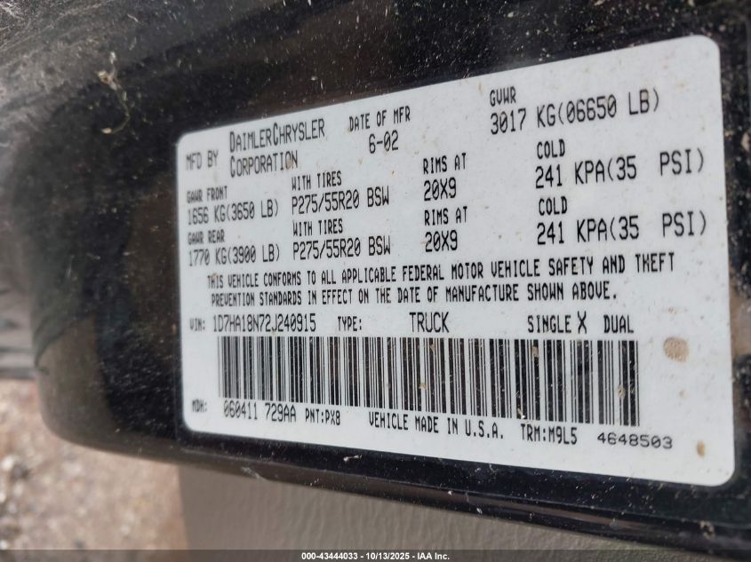 2002 Dodge Ram 1500 St VIN: 1D7HA18N72J240915 Lot: 43444033