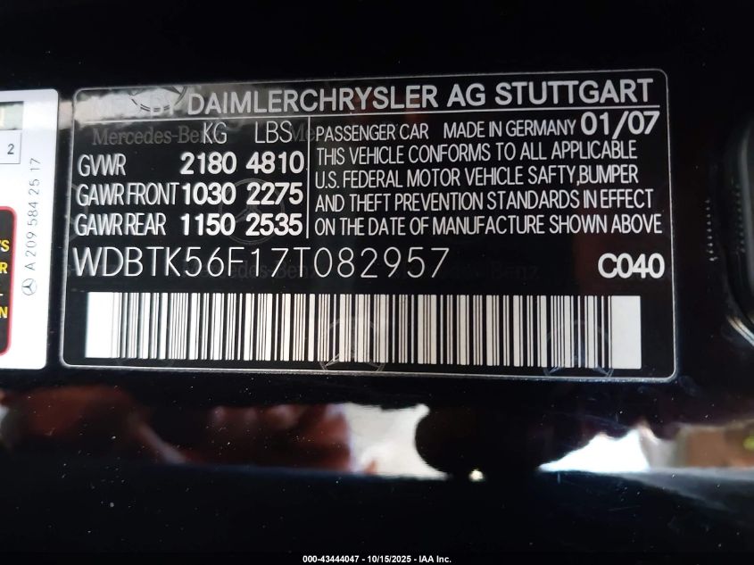 2007 Mercedes-Benz Clk 350 VIN: WDBTK56F17T082957 Lot: 43444047