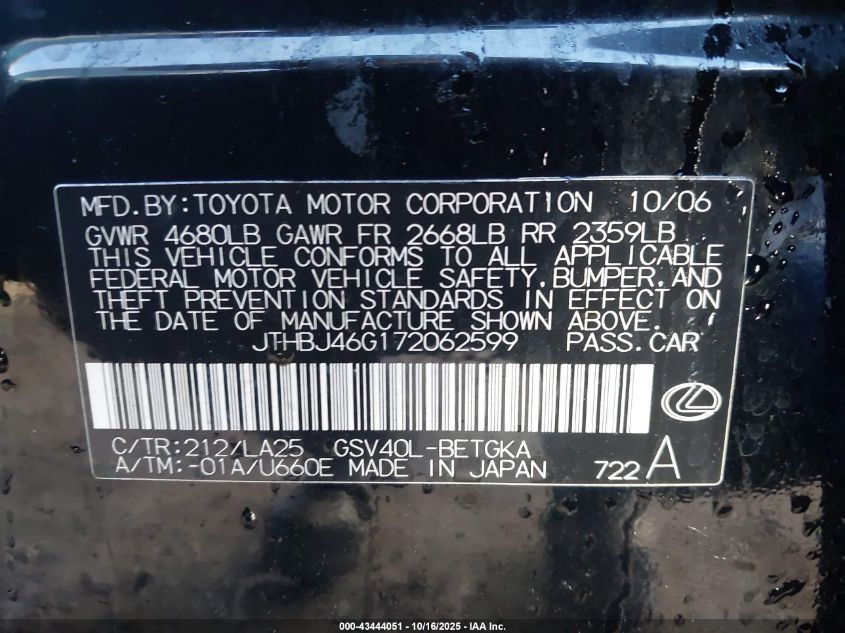 2007 Lexus Es 350 VIN: JTHBJ46G172062599 Lot: 43444051