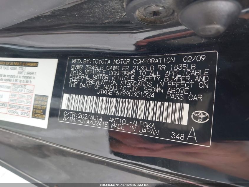 2009 Scion Tc VIN: JTKDE167990301224 Lot: 43444072