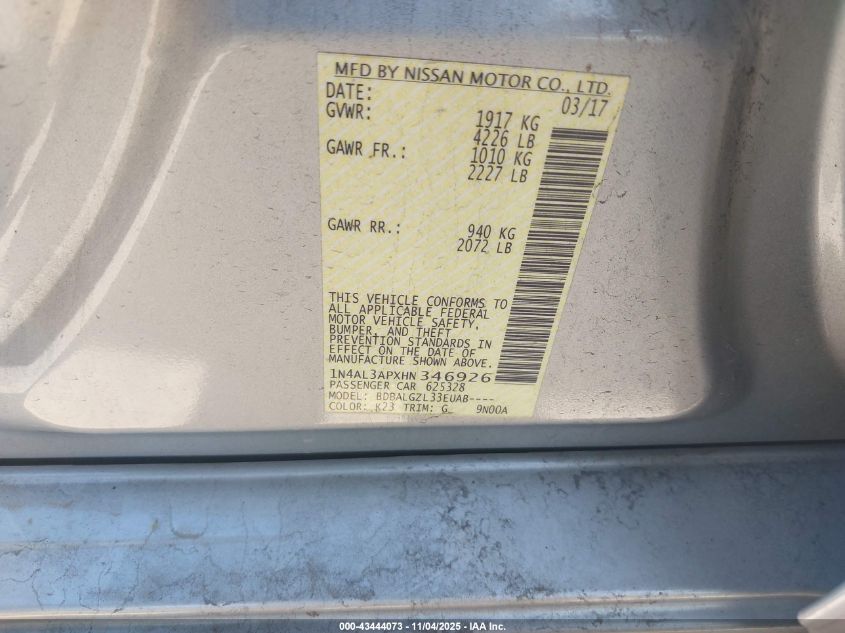 2017 Nissan Altima 2.5 S VIN: 1N4AL3APXHN346926 Lot: 43444073