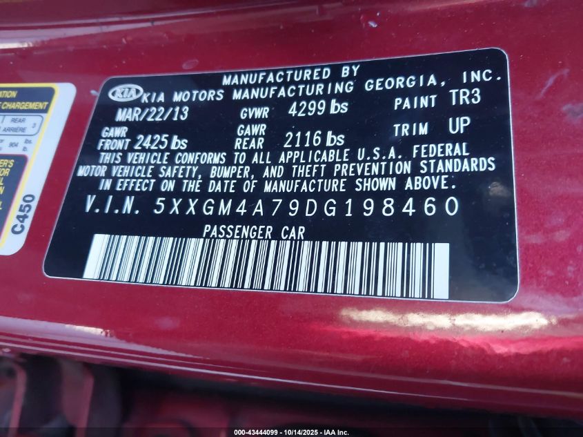 2013 Kia Optima Lx VIN: 5XXGM4A79DG198460 Lot: 43444099