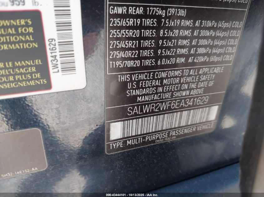 2014 Land Rover Range Rover Sport 3.0L V6 Supercharged Hse VIN: SALWR2WF6EA341629 Lot: 43444101