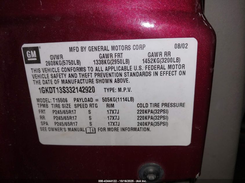 2003 GMC Envoy Sle VIN: 1GKDT13S332142920 Lot: 43444122