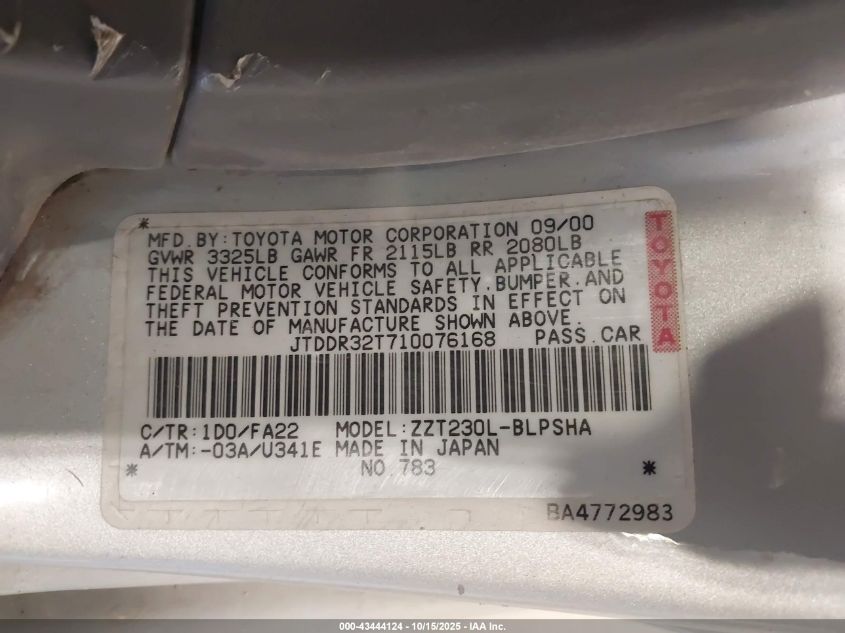 2001 Toyota Celica Gt VIN: JTDDR32T710076168 Lot: 43444124