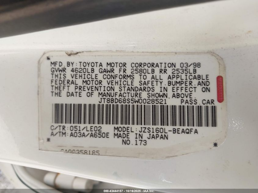 1998 Lexus Gs 300 VIN: JT8BD68S5W0028521 Lot: 43444157