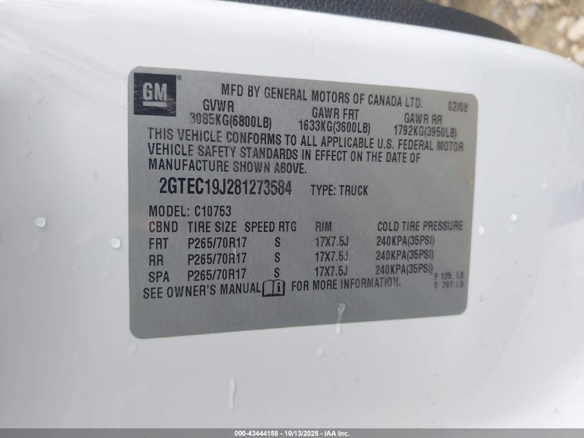 2008 GMC Sierra 1500 Sle1 VIN: 2GTEC19J281273584 Lot: 43444158