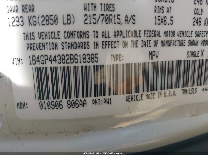 2002 Dodge Grand Caravan Sport VIN: 1B4GP44382B618385 Lot: 43444159