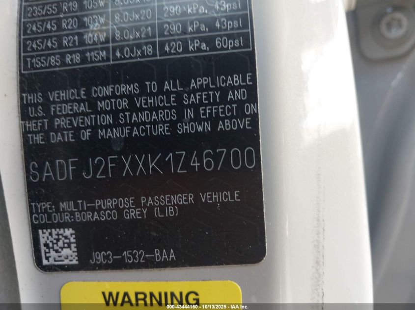 2019 Jaguar E-Pace S VIN: SADFJ2FXXK1Z46700 Lot: 43444160