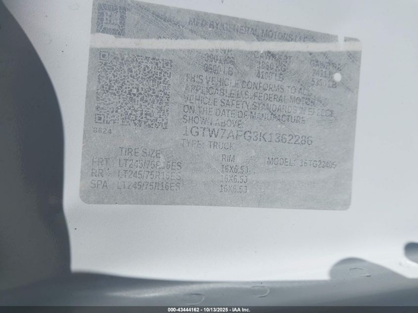 2019 GMC Savana 2500 Work Van VIN: 1GTW7AFG3K1362286 Lot: 43444162