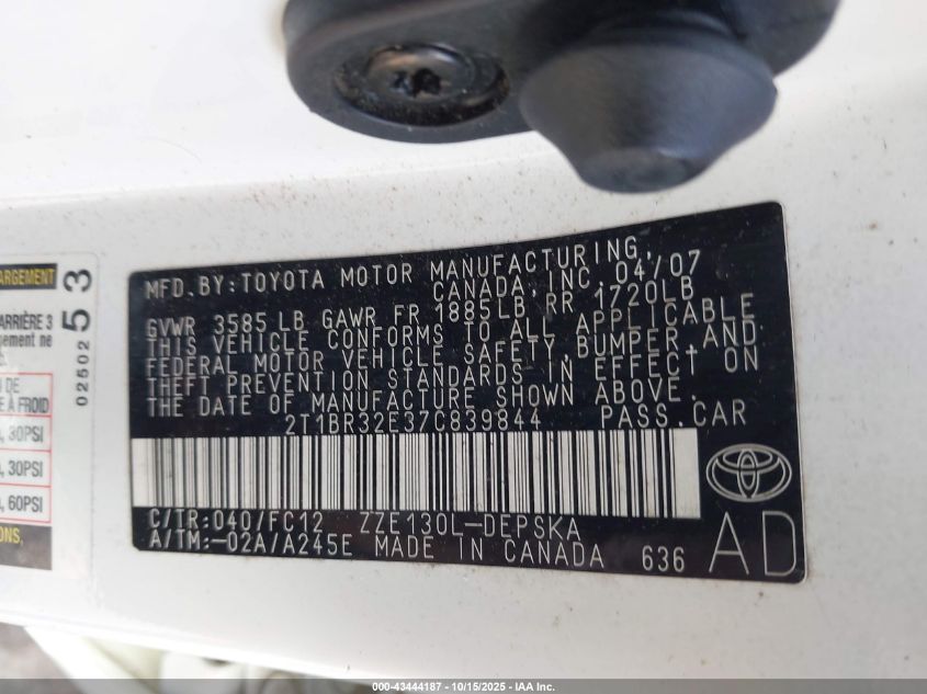 2007 Toyota Corolla S VIN: 2T1BR32E37C839844 Lot: 43444187