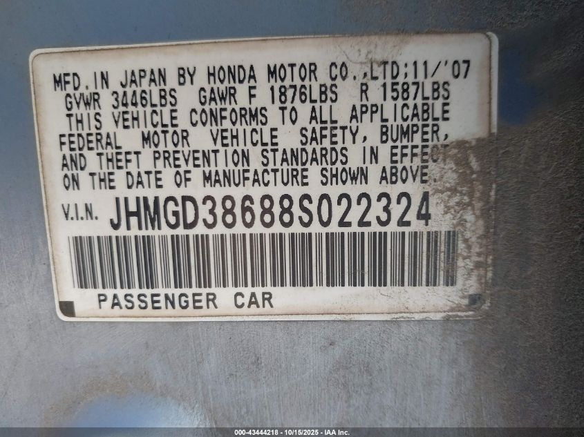 2008 Honda Fit Sport VIN: JHMGD38688S022324 Lot: 43444218