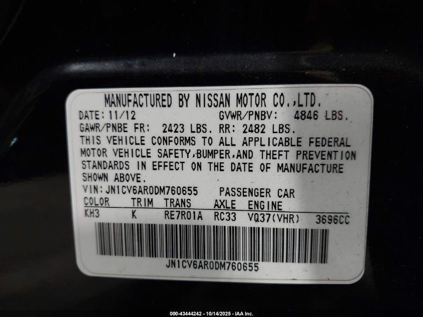 2013 Infiniti G37X VIN: JN1CV6AR0DM760655 Lot: 43444242