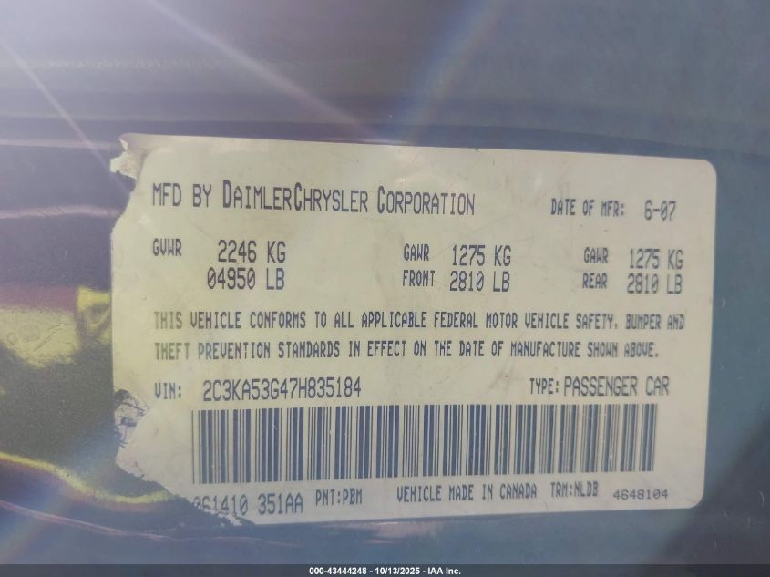 2007 Chrysler 300 Touring VIN: 2C3KA53G47H835184 Lot: 43444248