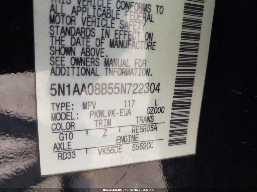 2005 Nissan Armada Le VIN: 5N1AA08B55N722304 Lot: 43444303